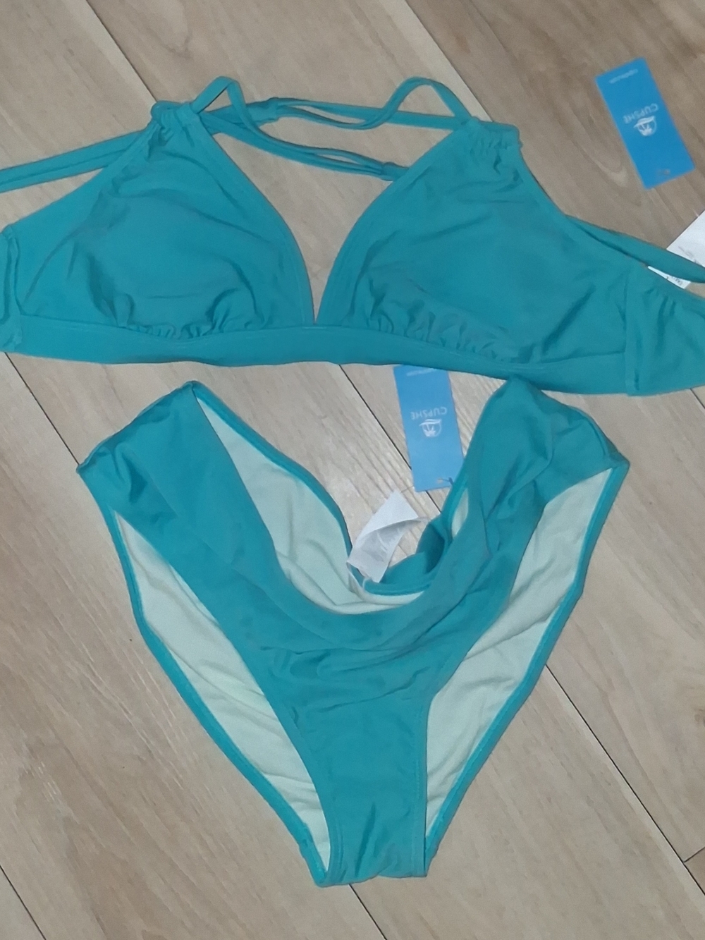 Large Cupshe Teal Halter V-Neck Two-Piece Bikini - Picture 2 of 3